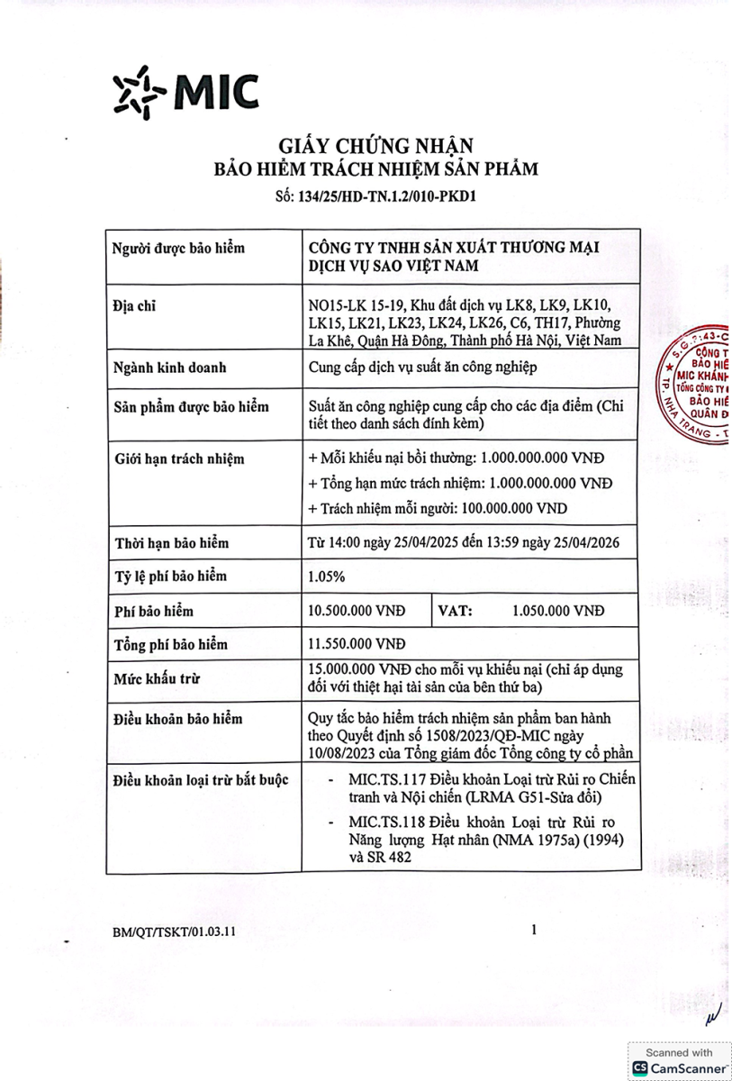 Chứng chỉ chất lượng, bảo hiểm 1