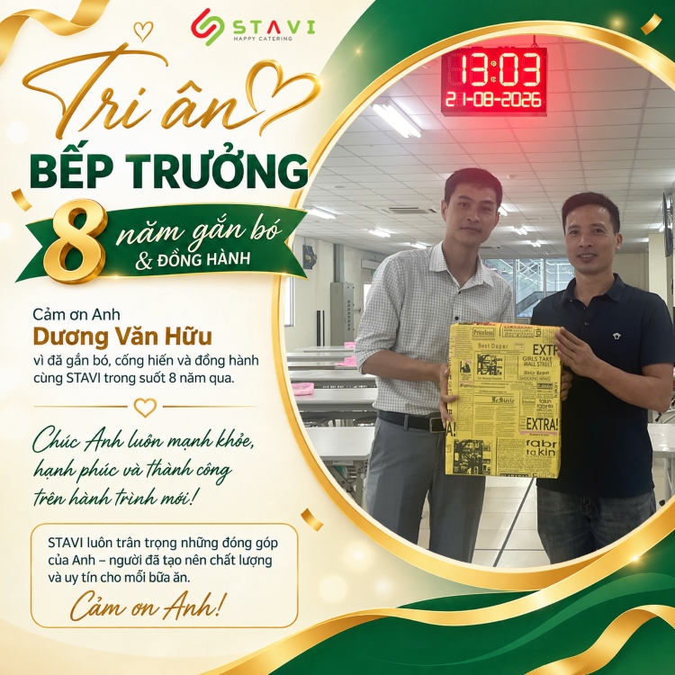 STAVI tri ân bếp trưởng Dương Đức Hữu - bếp Taisei 8 năm gắn bó và đồng hành STAVI tri ân bếp trưởng Dương Đức Hữu - bếp Taisei 8 năm gắn bó và đồng hành