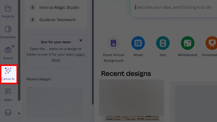 选择 Canva AI 栏目开始制作视频 选择 Canva AI 栏目开始制作视频