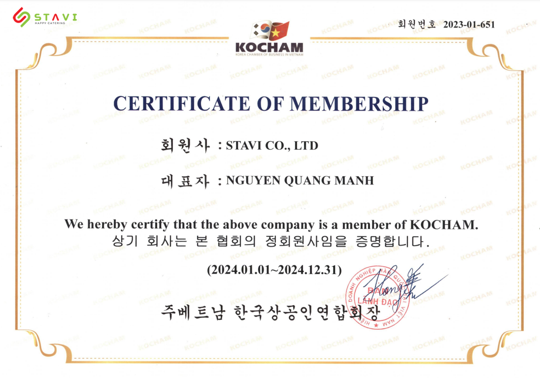 Suất ăn công nghiệp stavi thành viên của hiệp hội doanh nghiệp Hàn Quốc Kocham