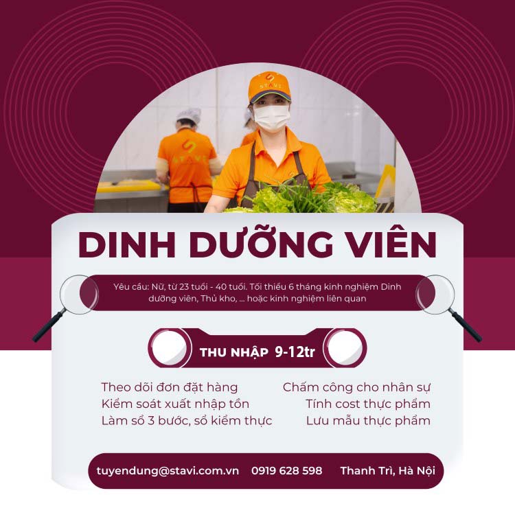 STAVI tuyển dụng dinh dưỡng viên bếp ăn công nghiệp
