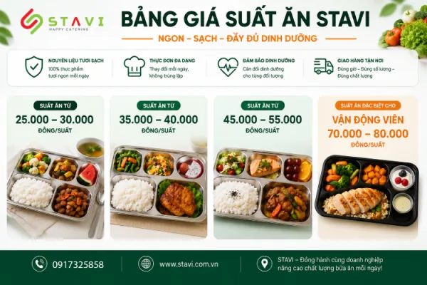 Bảng giá và thực đơn suất ăn công nghiệp, trường học, văn phòng 2026